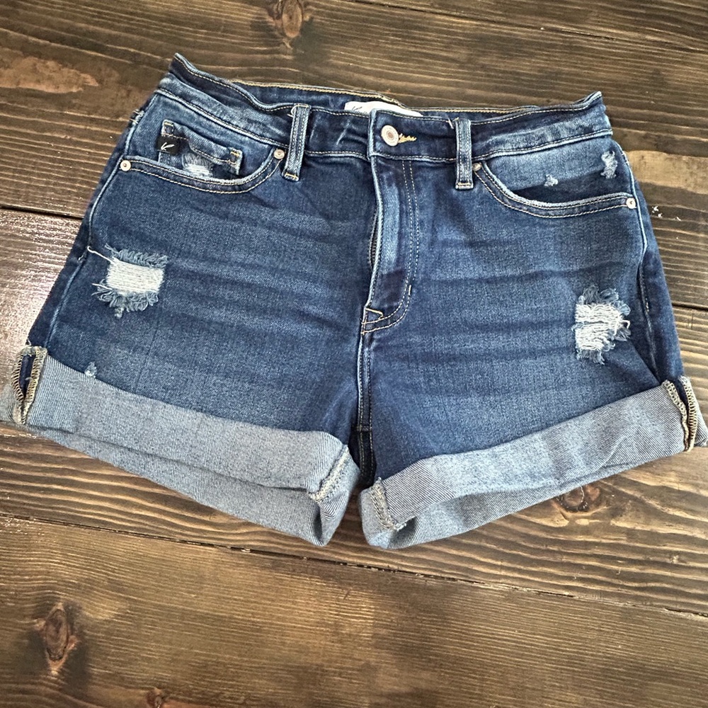 Like New KanCan High Rise Blue Jean Shorts with Modern Distressing, Size 28